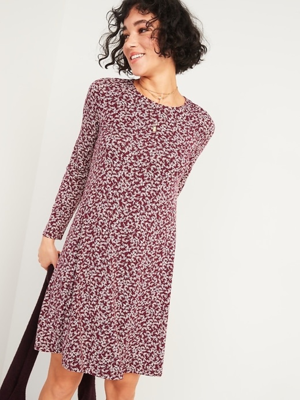 Old Navy Burgundy Floral/Leaf Print Long Sleeve Jersey-Knit Dress Size M